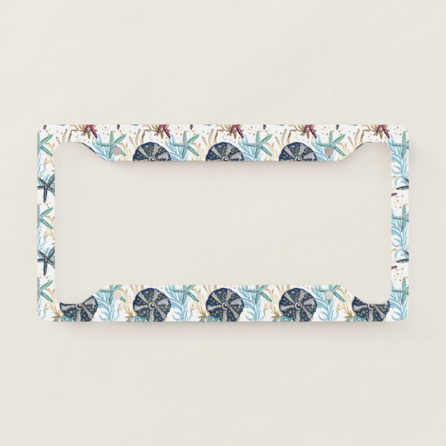 Elegant Blue and Gold Ocean Treasures Pattern License Plate Frame (Front)