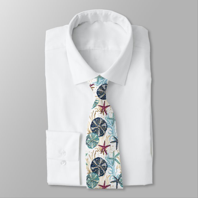 Elegant Blue and Gold Ocean Treasures Pattern Neck Tie (Tied)