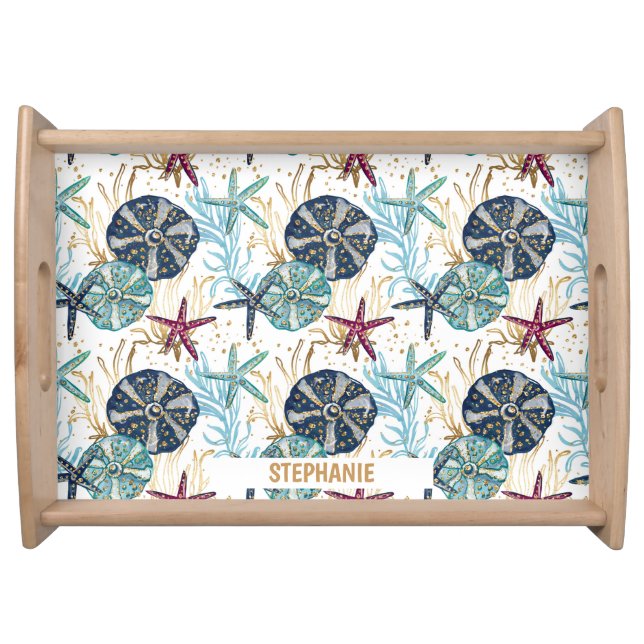 Elegant Blue and Gold Ocean Treasures Pattern Serving Tray (Front)