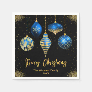 Elegant Blue and Gold Ornament Christmas Napkins