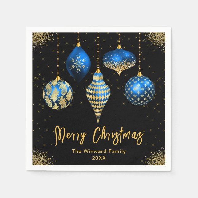 Elegant Blue and Gold Ornament Christmas Napkins (Front)