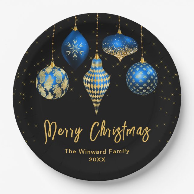 Elegant Blue and Gold Ornament Christmas Paper Plates (Front)