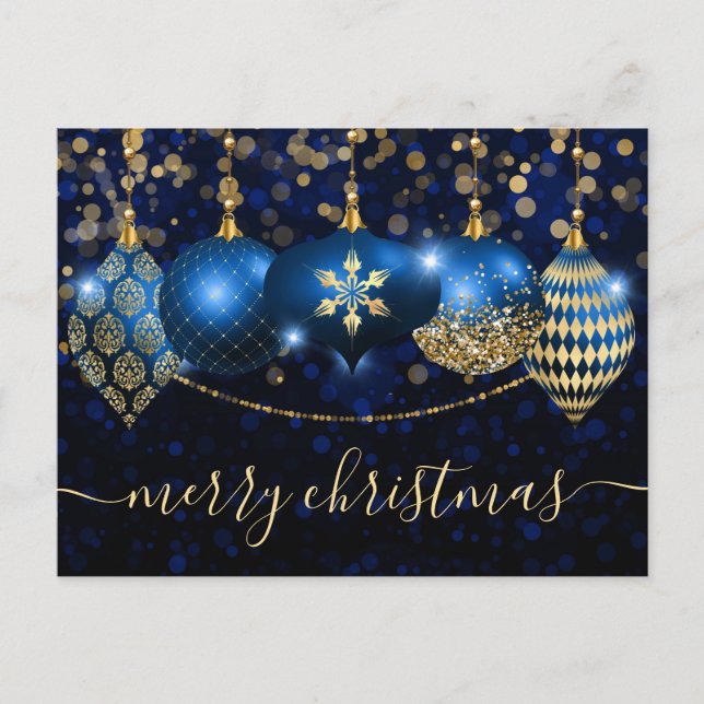 Elegant Blue and Gold Ornament Merry Christmas Holiday Postcard (Front)