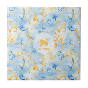 Elegant Blue and Gold Paisley-Inspired Leaf Ceramic Tile