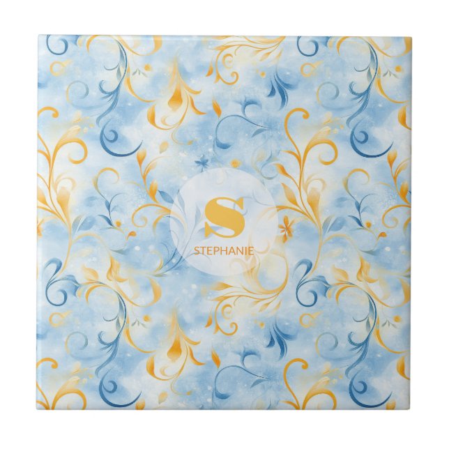 Elegant Blue and Gold Paisley-Inspired Leaf Ceramic Tile (Front)
