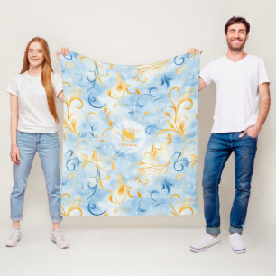 Elegant Blue and Gold Paisley-Inspired Leaf Fleece Blanket