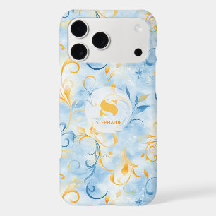 Elegant Blue and Gold Paisley-Inspired Leaf iPhone 17 Pro Max Case