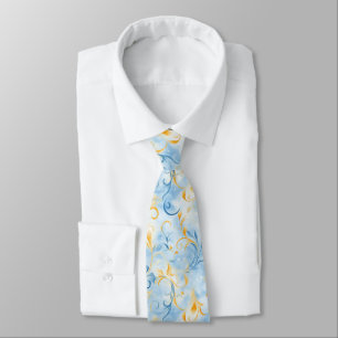 Elegant Blue and Gold Paisley-Inspired Leaf Neck Tie