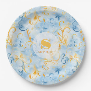 Elegant Blue and Gold Paisley-Inspired Leaf Paper Plates