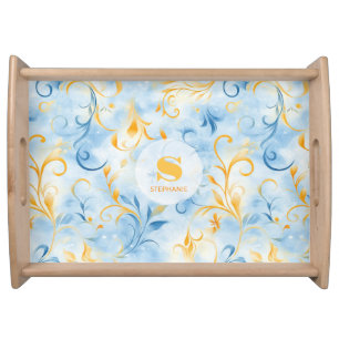 Elegant Blue and Gold Paisley-Inspired Leaf Serving Tray