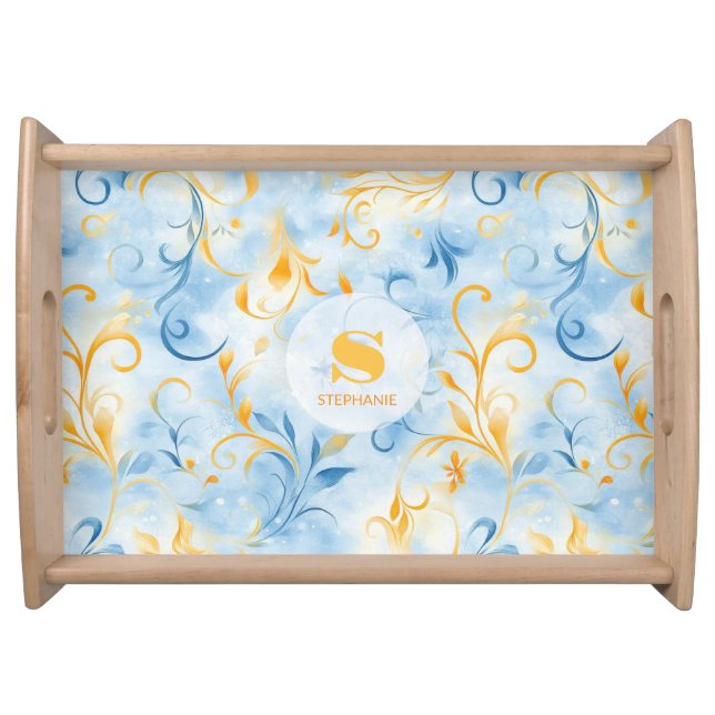 Elegant Blue and Gold Paisley-Inspired Leaf Serving Tray (Front)