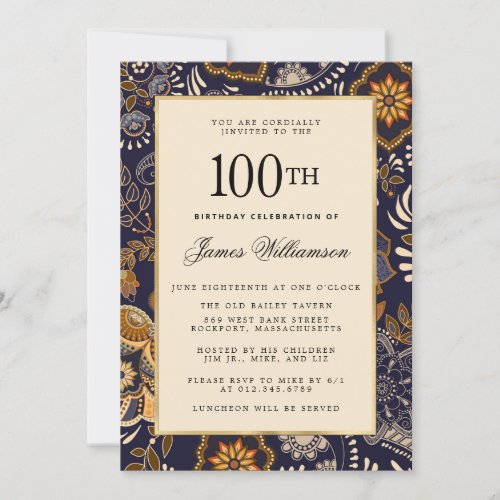 Elegant Blue and Gold Pattern 100th Birthday Invitation