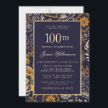 Elegant Blue and Gold Pattern 100th Birthday Invitation<br><div class="desc">Elegant and traditional navy blue, gold and white abstract pattern provides the background on the front and back of this 100th birthday invitation. The text is placed on a navy blue rectangle edged in yellow gold to make it easy to read. All of the text can be edited. The birthday...</div>