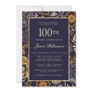 Elegant Blue and Gold Pattern 100th Birthday Invitation