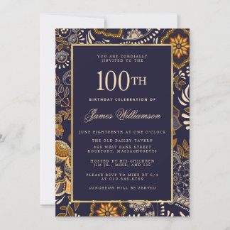 Elegant Blue and Gold Pattern 100th Birthday Invitation