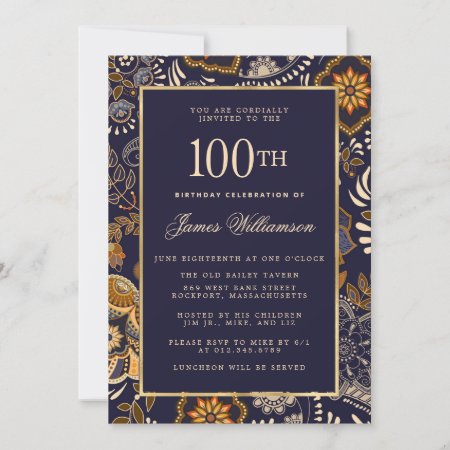 Elegant Blue And Gold Pattern 100th Birthday Invitation