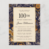 Elegant Blue and Gold Pattern 100th Birthday Invitation Postcard (Front)