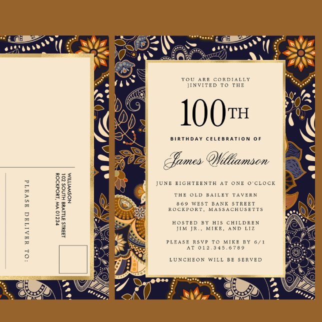 Elegant Blue and Gold Pattern 100th Birthday Invitation Postcard