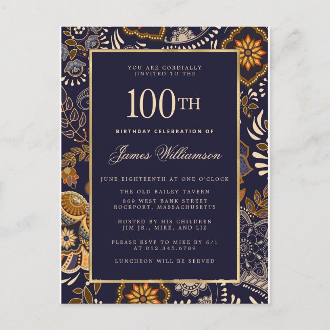 Elegant Blue and Gold Pattern 100th Birthday Invitation Postcard (Front)