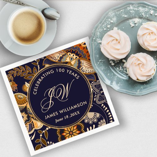 Elegant Blue and Gold Pattern 100th Birthday Napkins