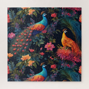 Elegant Blue and Gold Peacock in Colorful Garden Jigsaw Puzzle