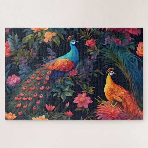 Elegant Blue and Gold Peacock in Colorful Garden Jigsaw Puzzle