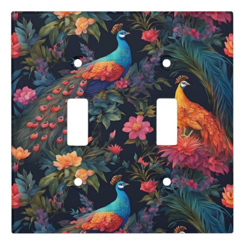 Elegant Blue and Gold Peacock in Colorful Garden Light Switch Cover