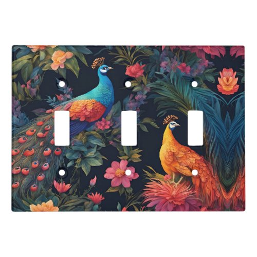 Elegant Blue and Gold Peacock in Colorful Garden Light Switch Cover