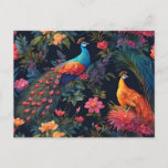 Elegant Blue and Gold Peacock in Colorful Garden Postcard