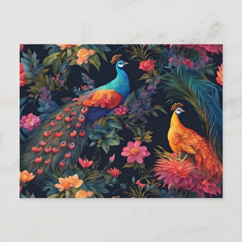 Elegant Blue and Gold Peacock in Colorful Garden Postcard