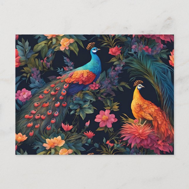 Elegant Blue and Gold Peacock in Colorful Garden Postcard (Front)