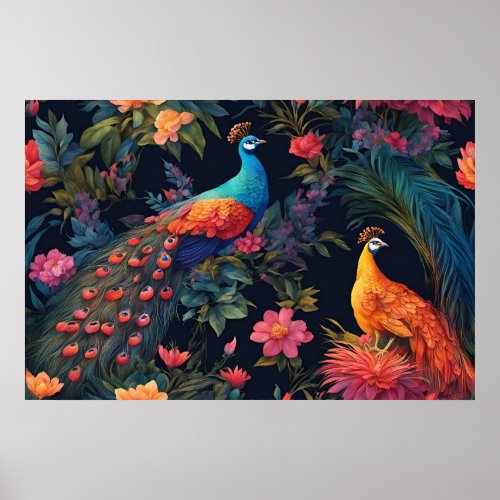 Elegant Blue and Gold Peacock in Colorful Garden Poster