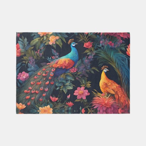 Elegant Blue and Gold Peacock in Colorful Garden Rug