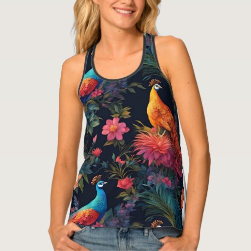 Elegant Blue and Gold Peacock in Colorful Garden Tank Top
