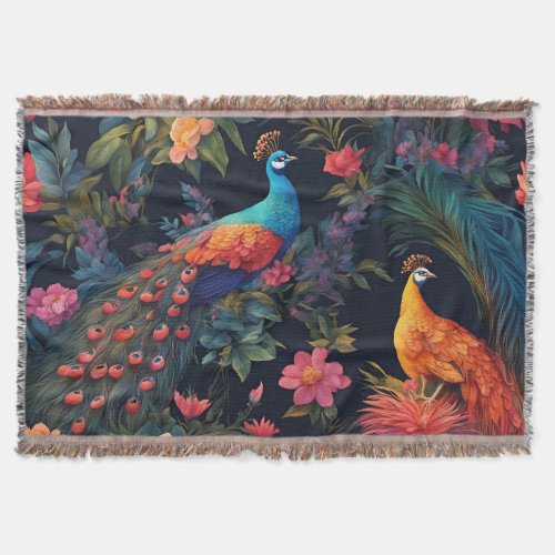 Elegant Blue and Gold Peacock in Colorful Garden Throw Blanket