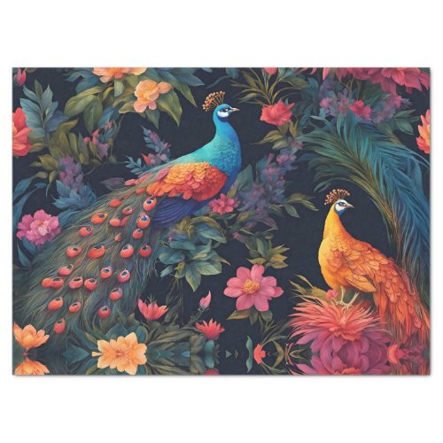 Elegant Blue and Gold Peacock in Colorful Garden Tissue Paper