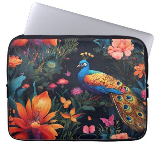 Elegant Blue and Gold Peacock in Pink Garden Laptop Sleeve