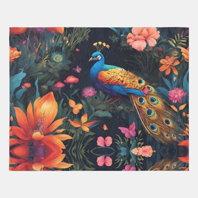 Elegant Blue and Gold Peacock in Pink Garden Rug (Front)