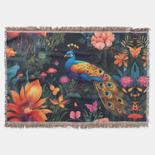 Elegant Blue and Gold Peacock in Pink Garden Throw Blanket