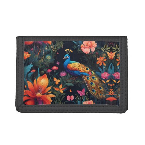 Elegant Blue and Gold Peacock in Pink Garden Trifold Wallet