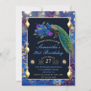 Elegant Blue and gold Peacock ornaments birthday Invitation
