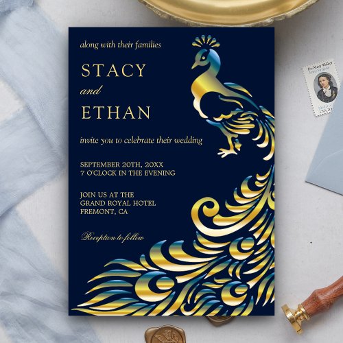 Elegant Blue and Gold Peacock Wedding Invitation