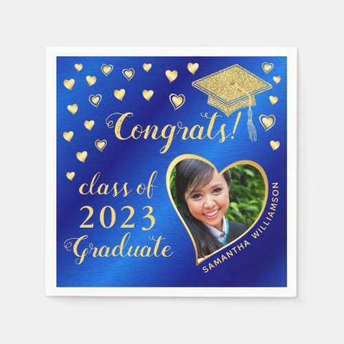 Elegant Blue and Gold Photo Class 2023 Graduation Napkins