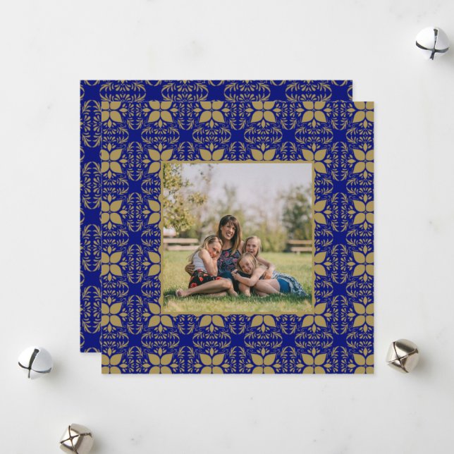 Elegant Blue and Gold Photo Holiday Card (Front/Back In Situ)