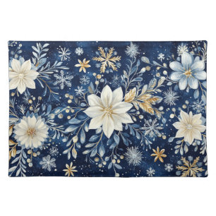 Elegant Blue and Gold Poinsettia Christmas Cloth Placemat