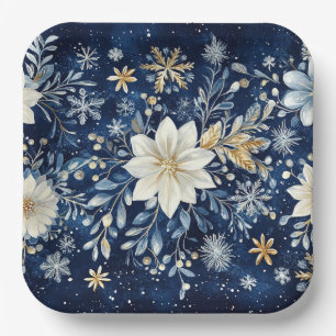 Elegant Blue and Gold Poinsettia Christmas Paper Plates