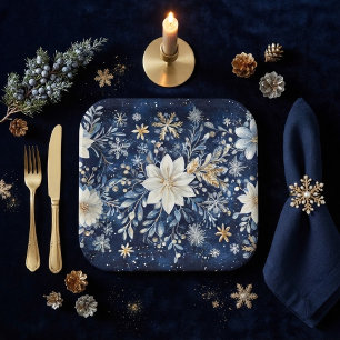 Elegant Blue and Gold Poinsettia Christmas Paper Plates