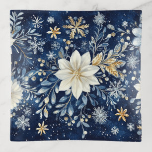 Elegant Blue and Gold Poinsettia Christmas Trinket Tray