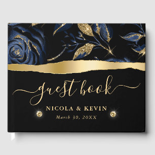 Elegant Blue and Gold Rose Floral Wedding Guest Book