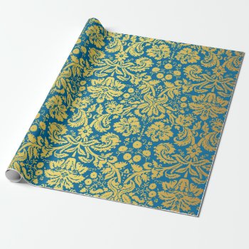 Elegant Blue And Gold Royal Damask Pattern Wrapping Paper by UrHomeNeeds at Zazzle